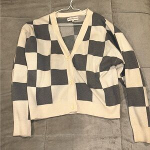 Gray and Cream Cropped Checkered Cardigan